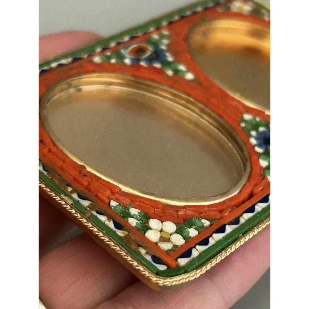 Vintage Italy Micro Mosaic Picture Frame Gold Tone Brass Double Oval Easel 3x4